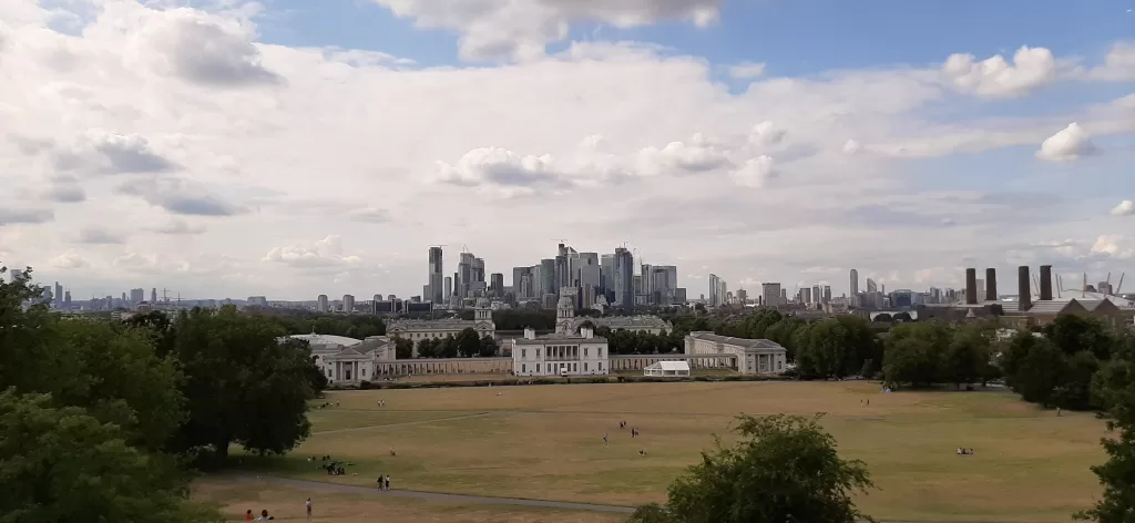 Greenwich Park with Canary Wharf on the horizon.