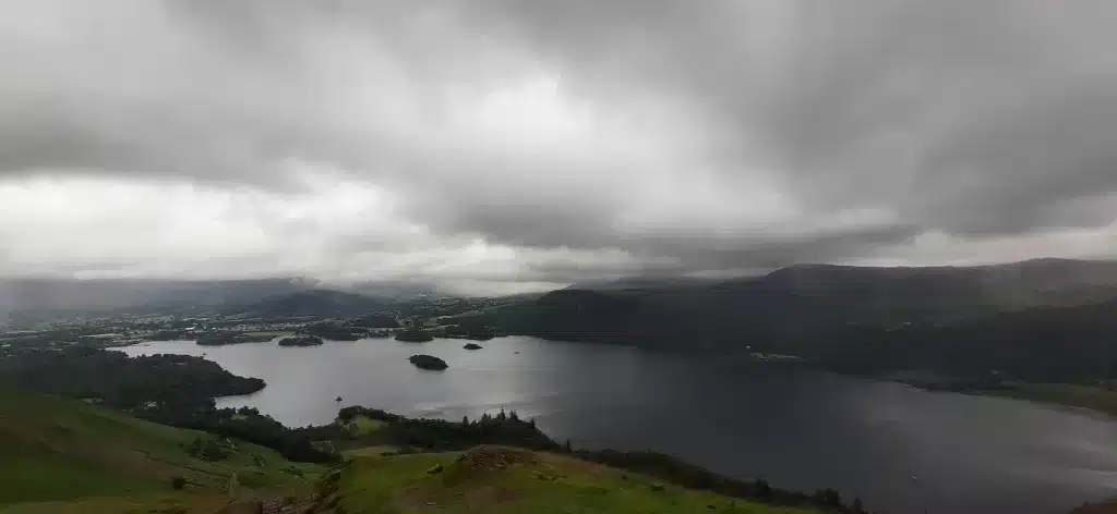 Moody views of Lake Derwent from the top of Cat Bells. 